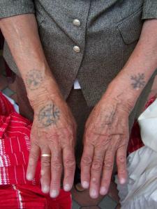 Close-up of Rose Zadrić's tattoos from 1947, when she was 10 years old. Photo Credit: Traditional Croatian Tattoos